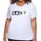 Camiseta feminina DKNY com estampa gráfica e logo bicolor, branca, tamanho 2X