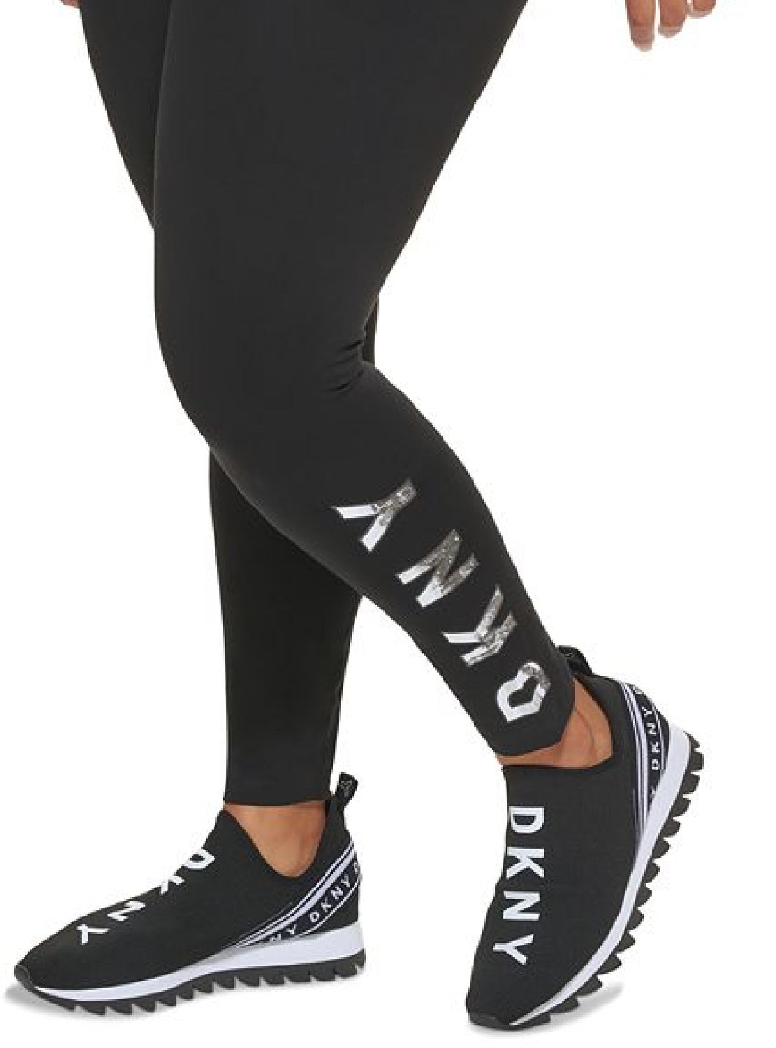 Leggings femininas DKNY de cintura alta com logo e comprimento total, pretas, tamanho 2X