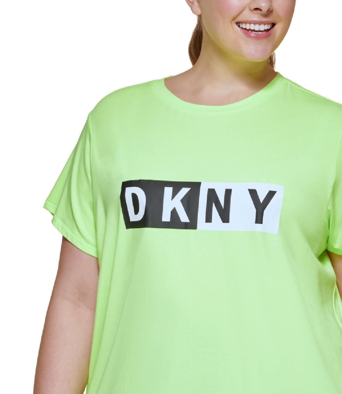 Camiseta feminina DKNY com estampa de logotipo bicolor verde, tamanho 1X