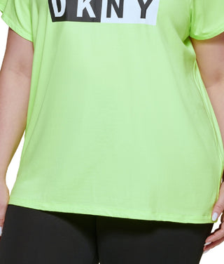 Camiseta feminina DKNY com estampa de logotipo bicolor verde, tamanho 1X