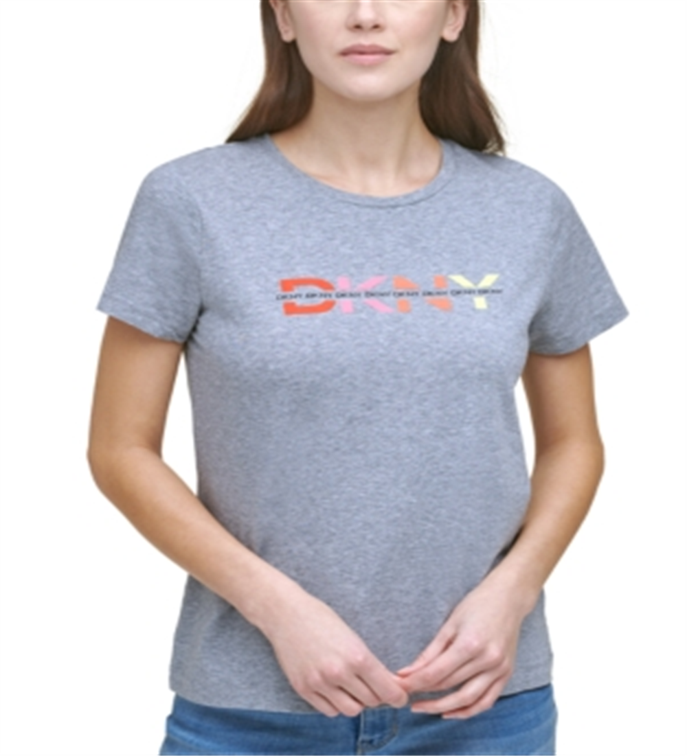 Camiseta feminina DKNY com estampa de logotipo gráfico, cinza, tamanho pequeno
