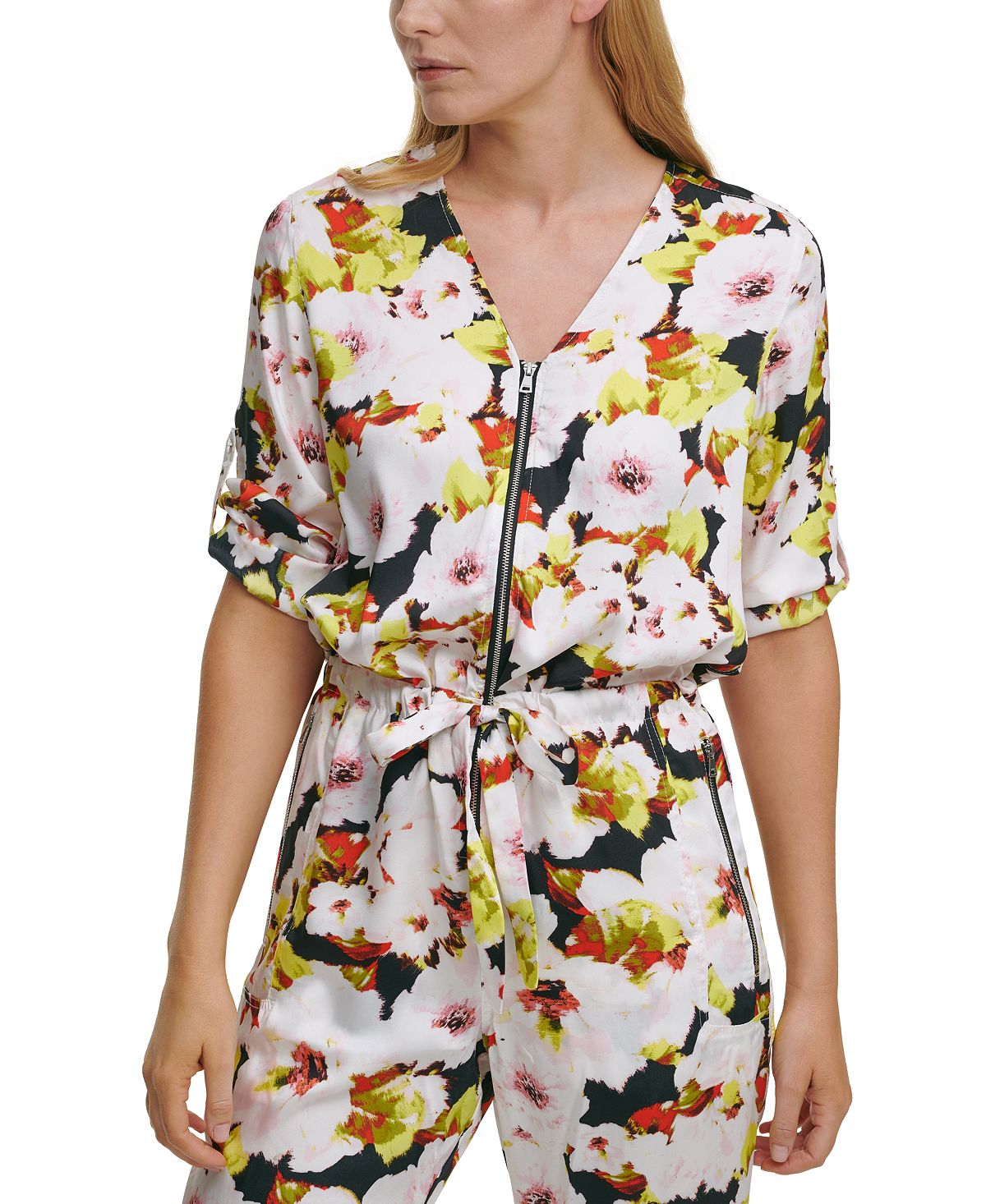 Macacão feminino DKNY com estampa floral, preto, tamanho 6