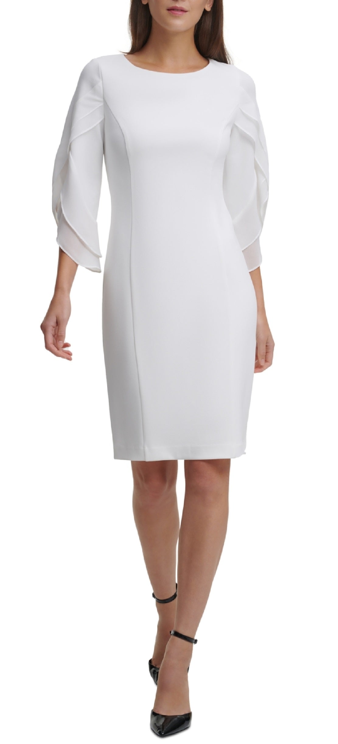 Vestido tubinho feminino DKNY com mangas 3/4 de chiffon, branco, tamanho 4
