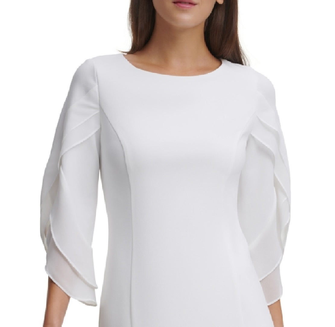 Vestido tubinho feminino DKNY com mangas 3/4 de chiffon, branco, tamanho 4