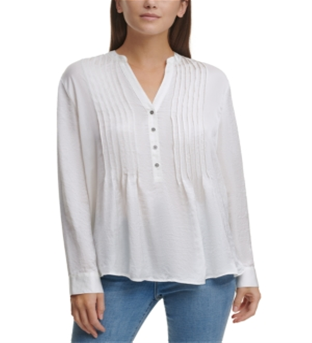 Blusa plissada com decote em botão feminina DKNY, tamanho X-Large, cor marfim