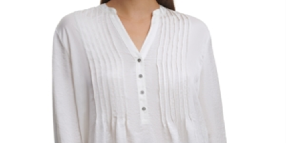 Blusa plissada com decote em botão feminina DKNY, tamanho X-Large, cor marfim
