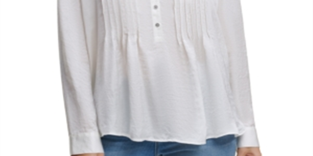 Blusa plissada com decote em botão feminina DKNY, tamanho X-Large, cor marfim