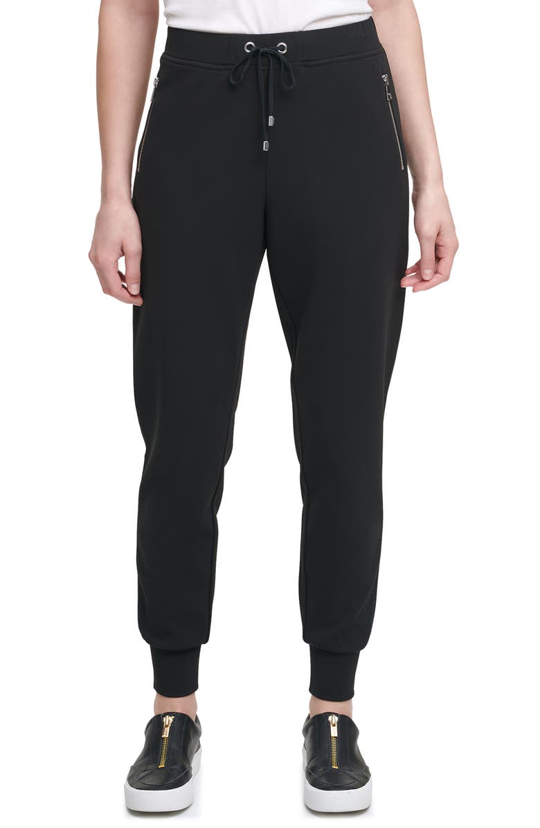 Calça jogger feminina DKNY com bolso e zíper, preta, tamanho grande
