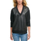 Moletom feminino DKNY com frente de couro sintético, preto, tamanho médio