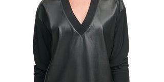 Moletom feminino DKNY com frente de couro sintético, preto, tamanho médio