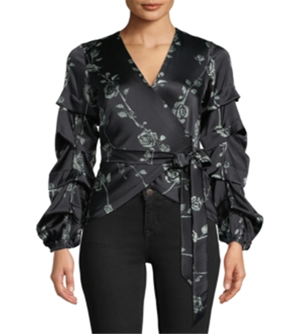 Nicole Miller Blusa envelope feminina com estampa floral, preta, tamanho pequeno