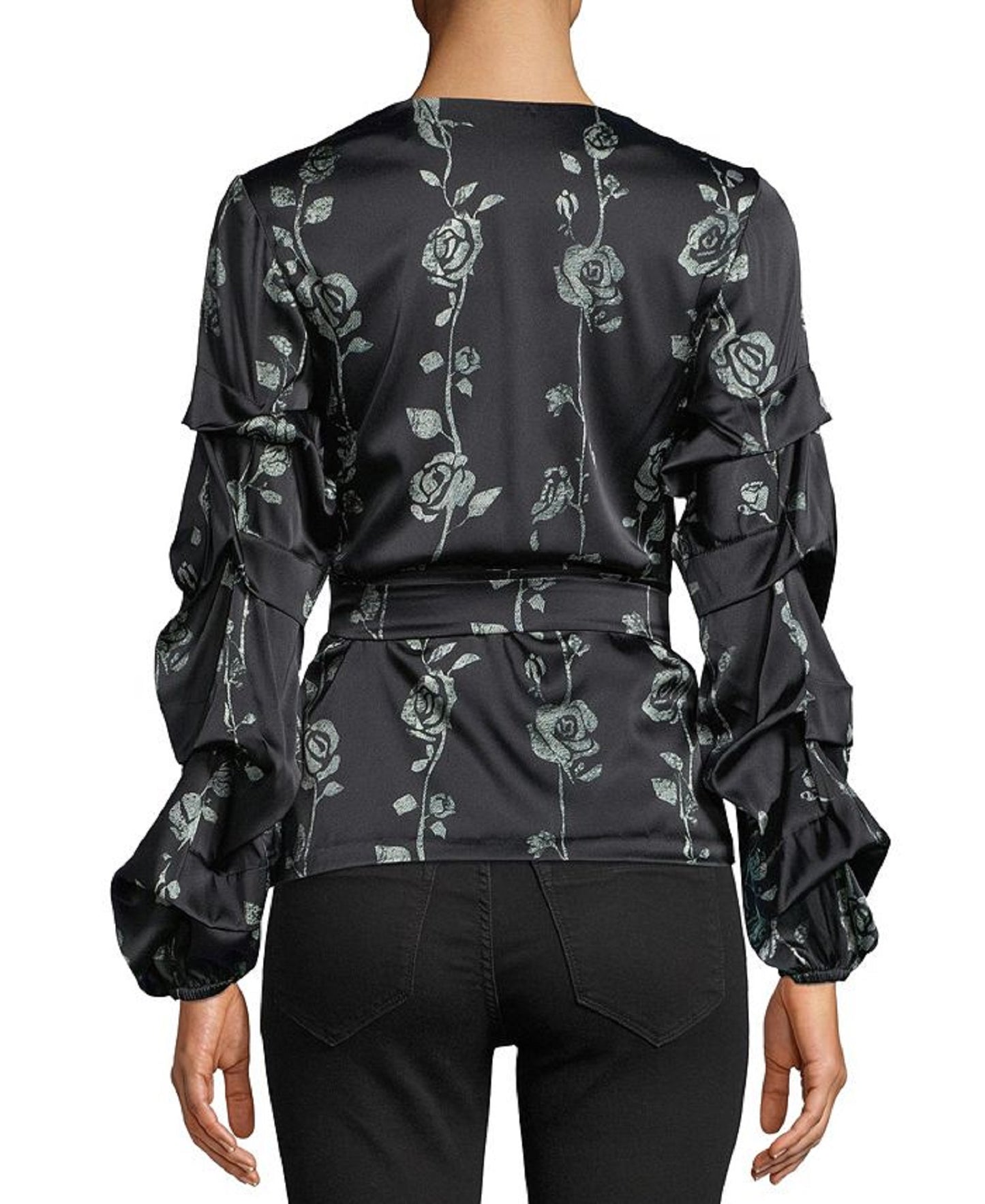 Nicole Miller Blusa envelope feminina com estampa floral, preta, tamanho pequeno