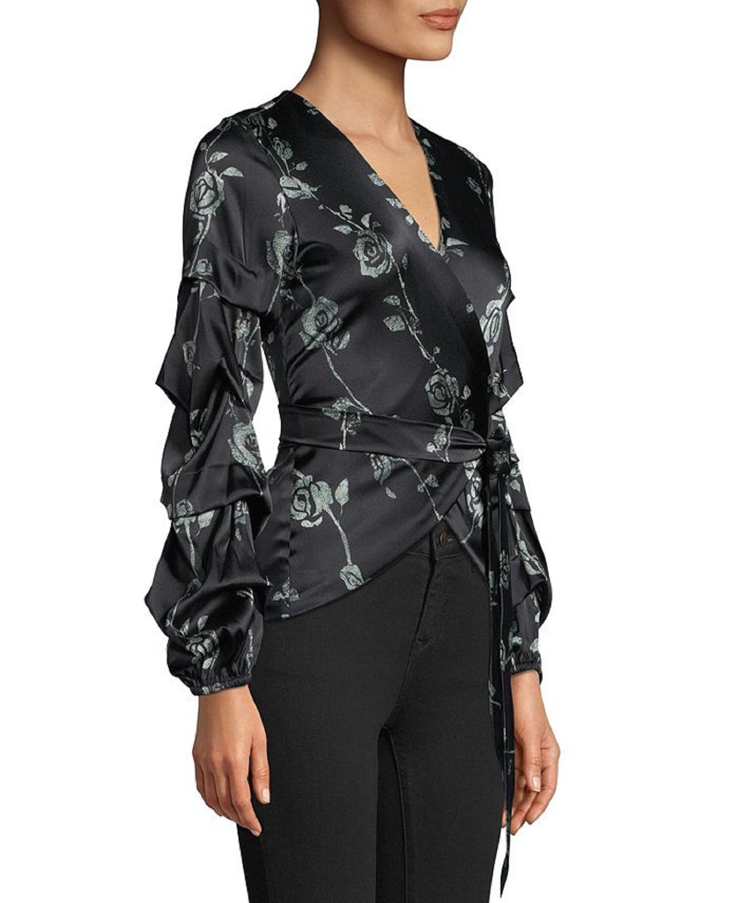 Nicole Miller Blusa envelope feminina com estampa floral, preta, tamanho pequeno
