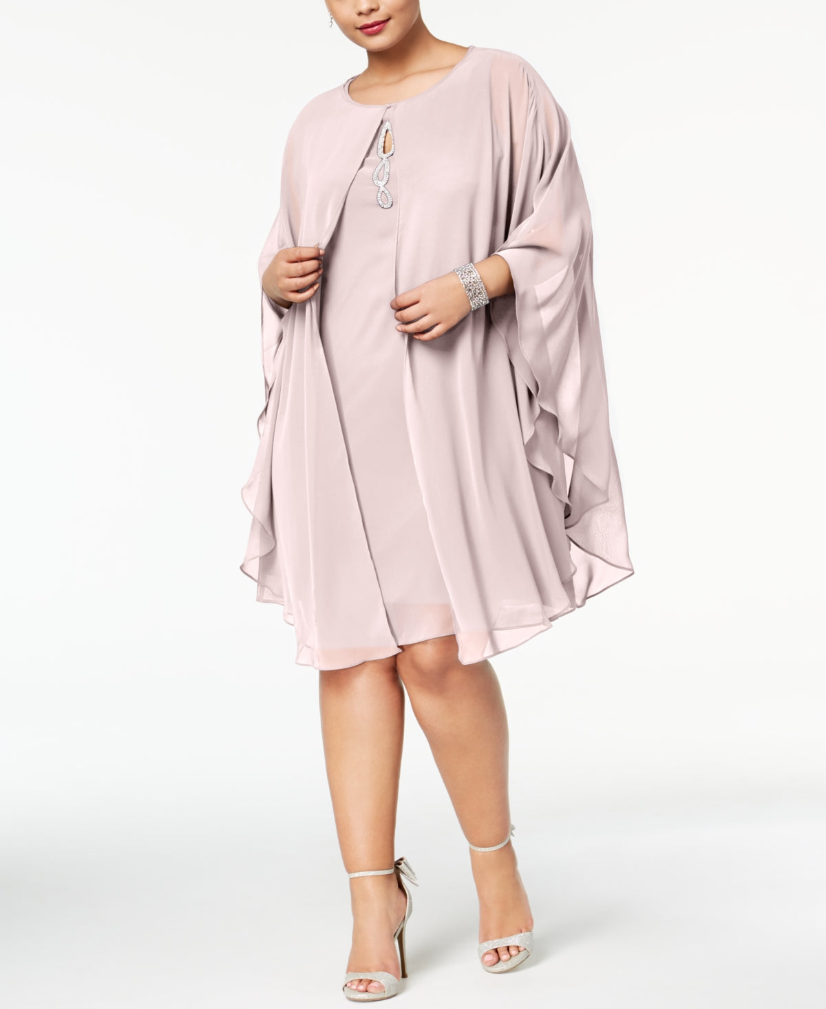 Vestido e capa de chiffon com strass feminino SL Fashions rosa tamanho 20W