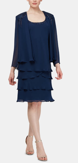 Vestido e jaqueta SL Fashions feminino com bainha em camadas e detalhes em azul, tamanho 8