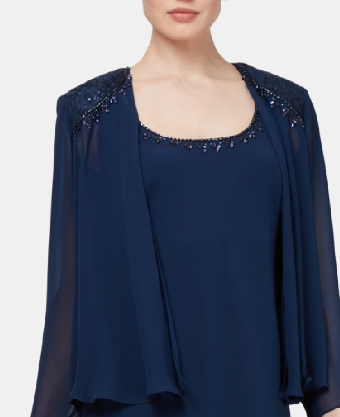 Vestido e jaqueta SL Fashions feminino com bainha em camadas e detalhes em azul, tamanho 8
