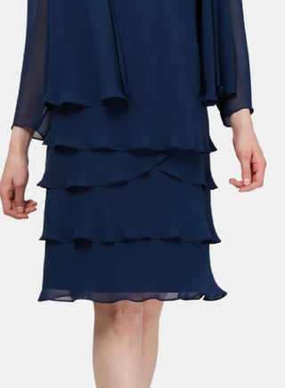 Vestido e jaqueta SL Fashions feminino com bainha em camadas e detalhes em azul, tamanho 8