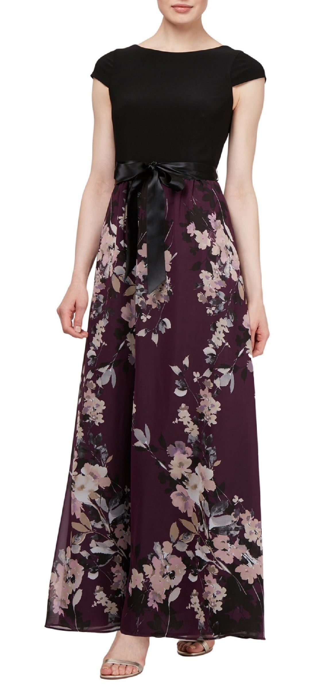 Vestido feminino SL Fashions com saia floral e manga curta, roxo, tamanho 8