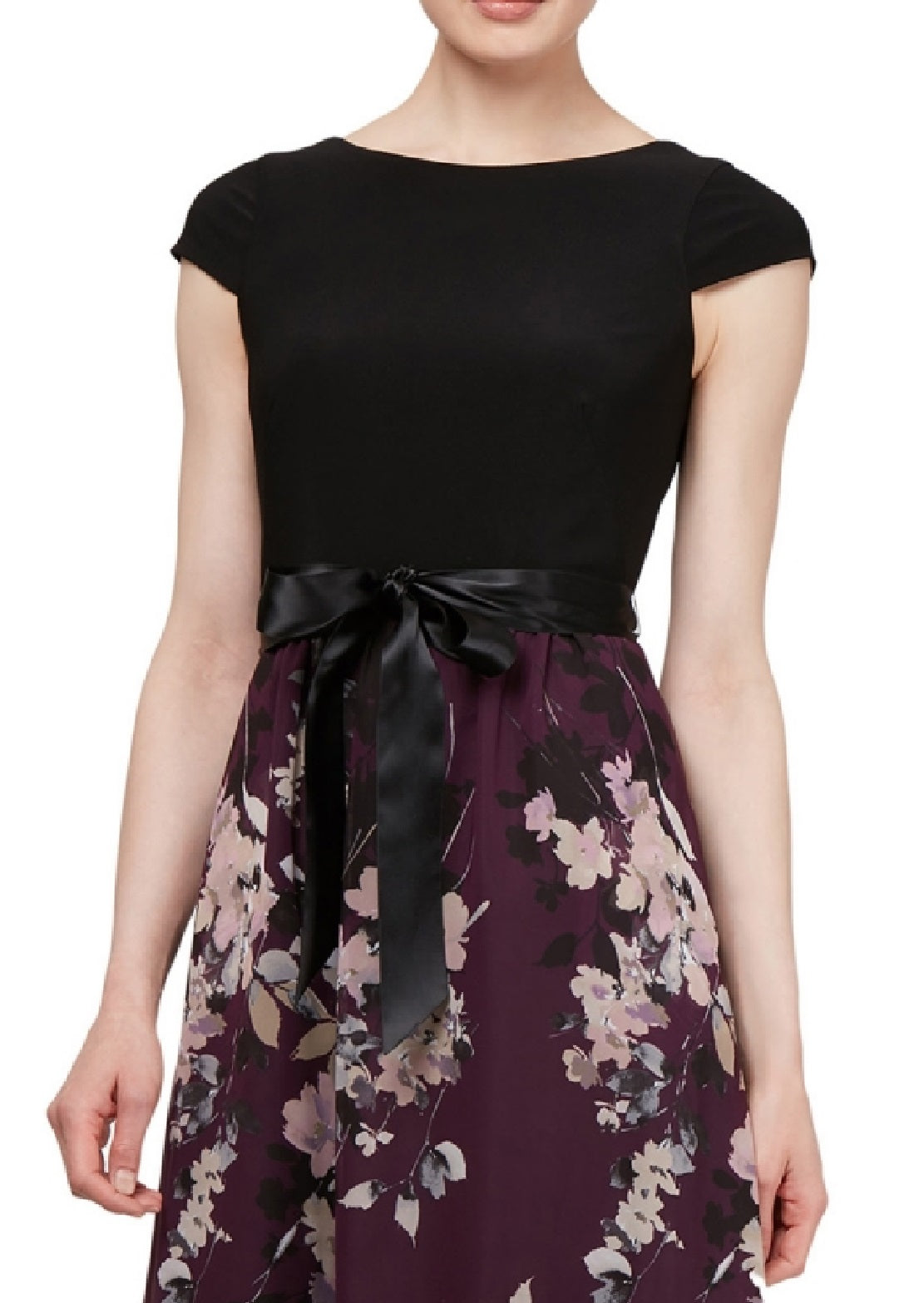 Vestido feminino SL Fashions com saia floral e manga curta, roxo, tamanho 8