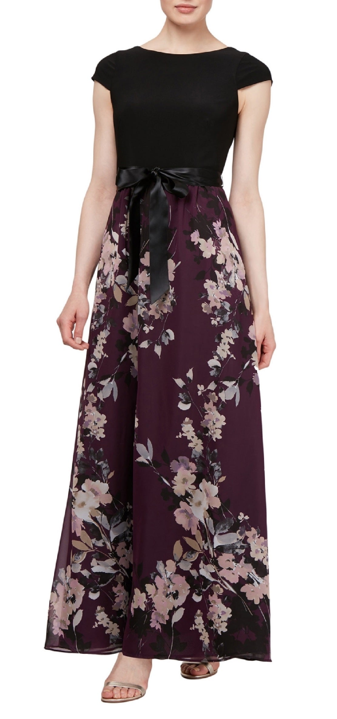 Vestido feminino SL Fashions com saia floral e manga curta, roxo, tamanho 14