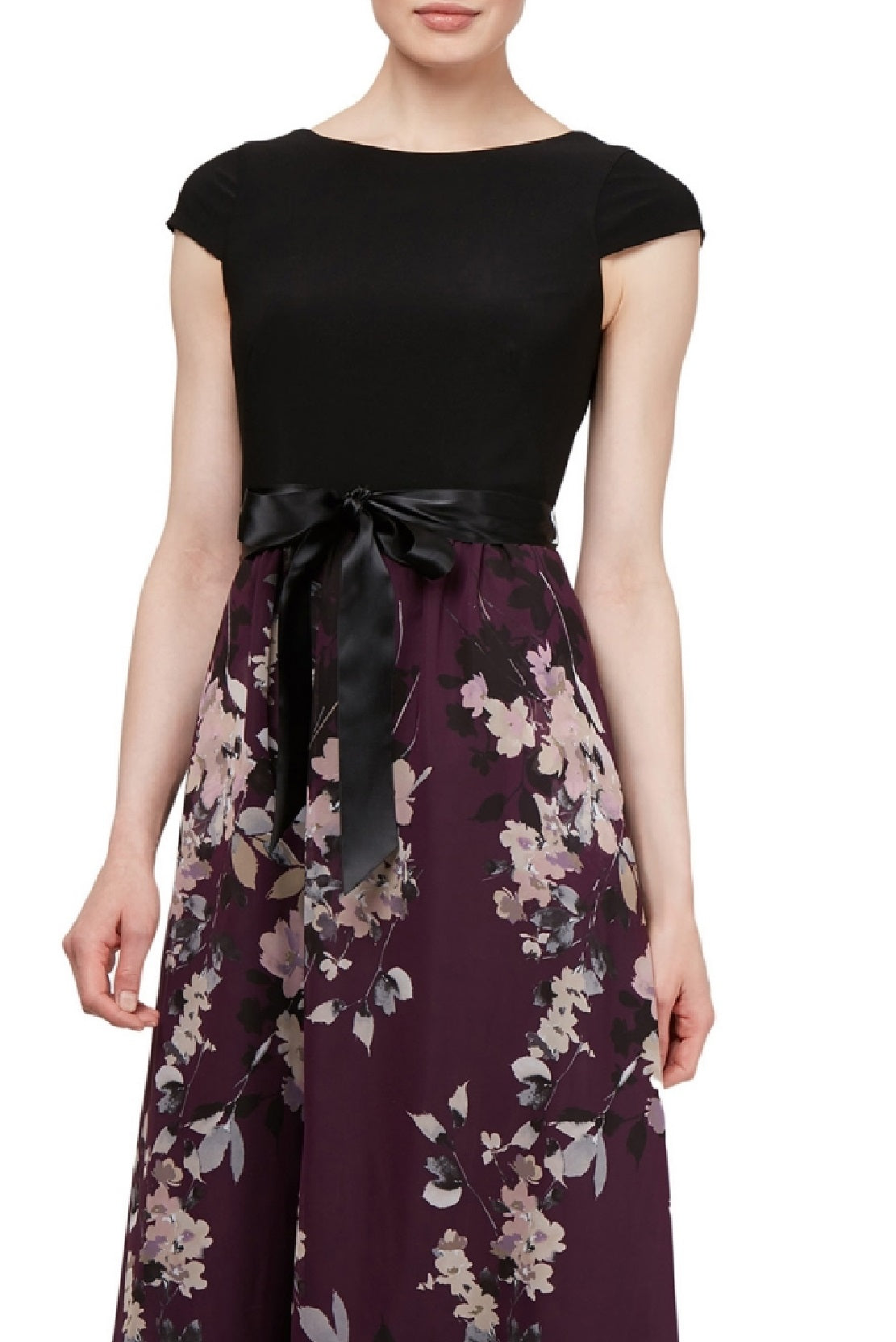 Vestido feminino SL Fashions com saia floral e manga curta, roxo, tamanho 14
