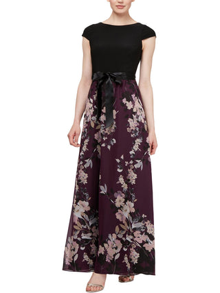 Vestido feminino SL Fashions com saia floral e manga curta, roxo, tamanho 16