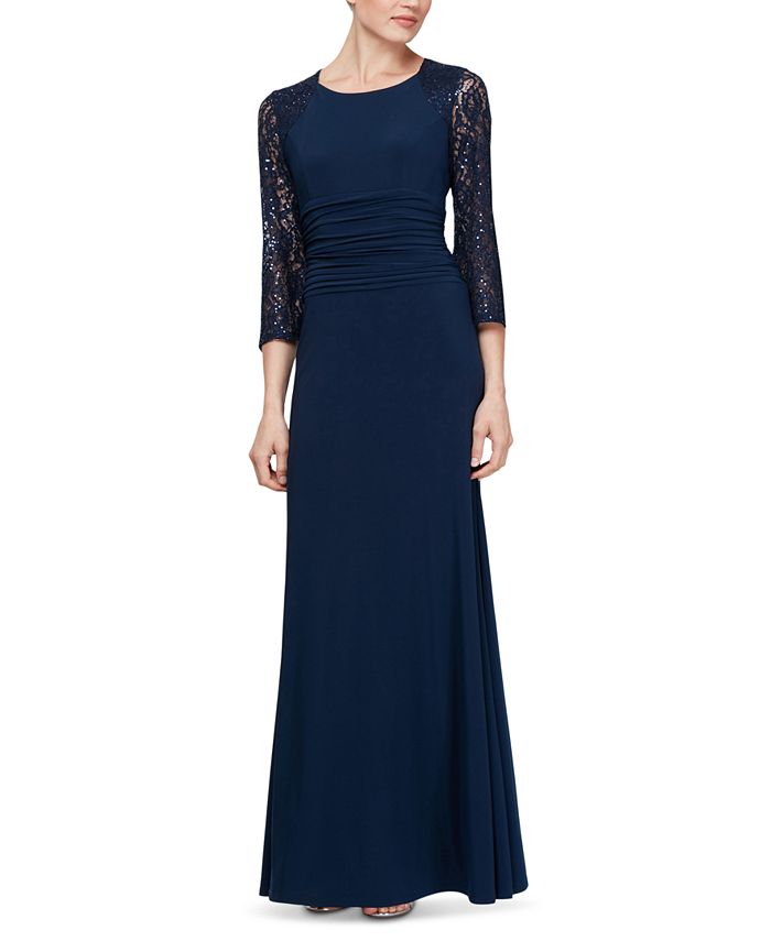 Vestido feminino SL Fashions com cintura franzida e manga de renda, azul, tamanho 18