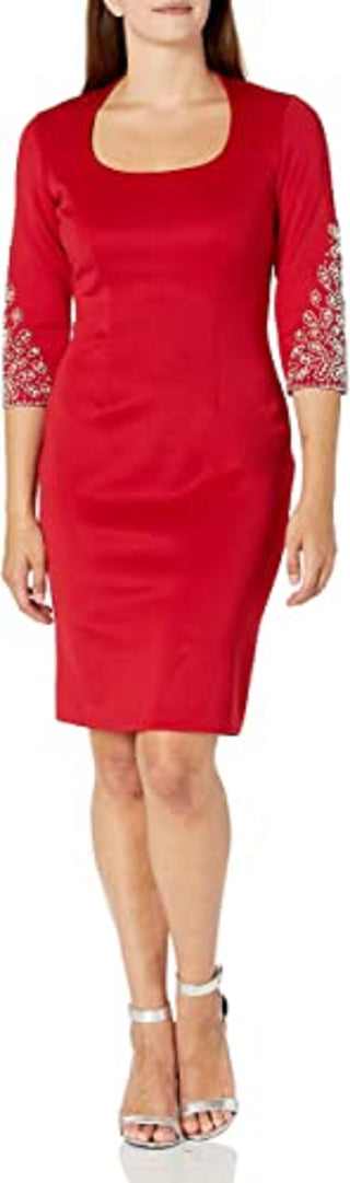 Vestido de festa feminino SL Fashions com manga 3/4 e bainha acima do joelho, vermelho, tamanho 10