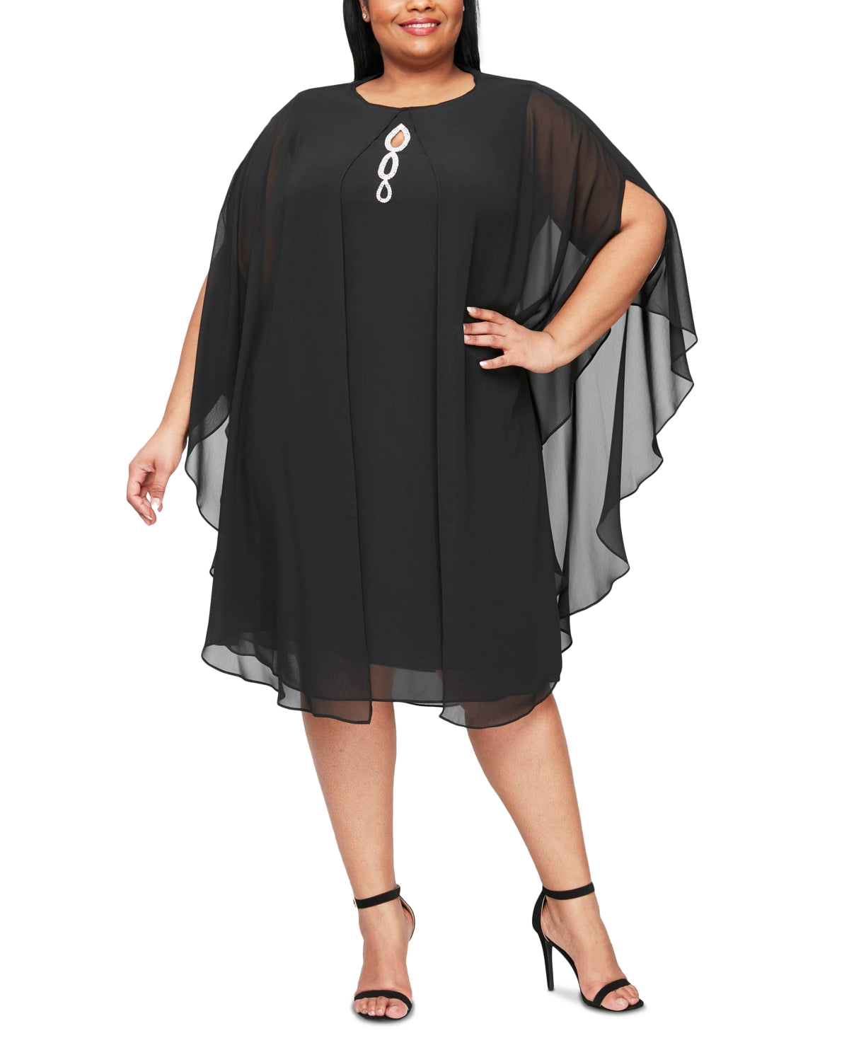 Vestido e capa de chiffon com strass feminino SL Fashions, preto, tamanho 20W