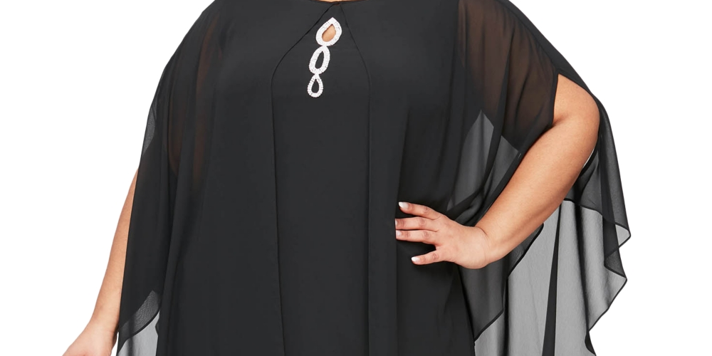 Vestido e capa de chiffon com strass feminino SL Fashions, preto, tamanho 20W