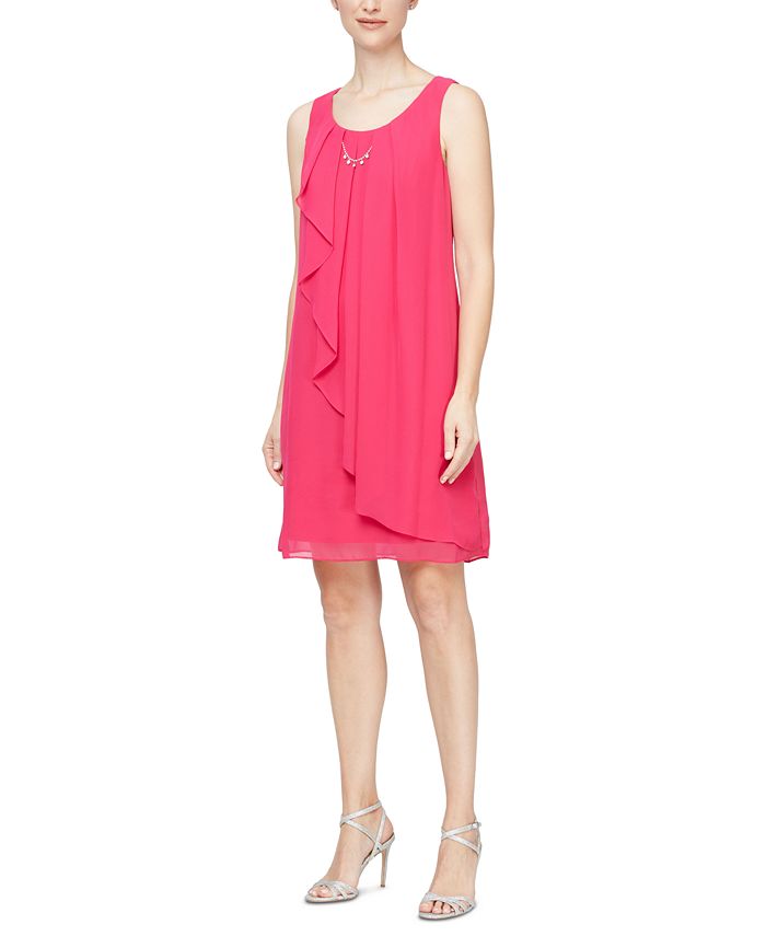 Vestido tubinho feminino sem mangas de chiffon com decote em joia, rosa, tamanho 14, SL Fashions