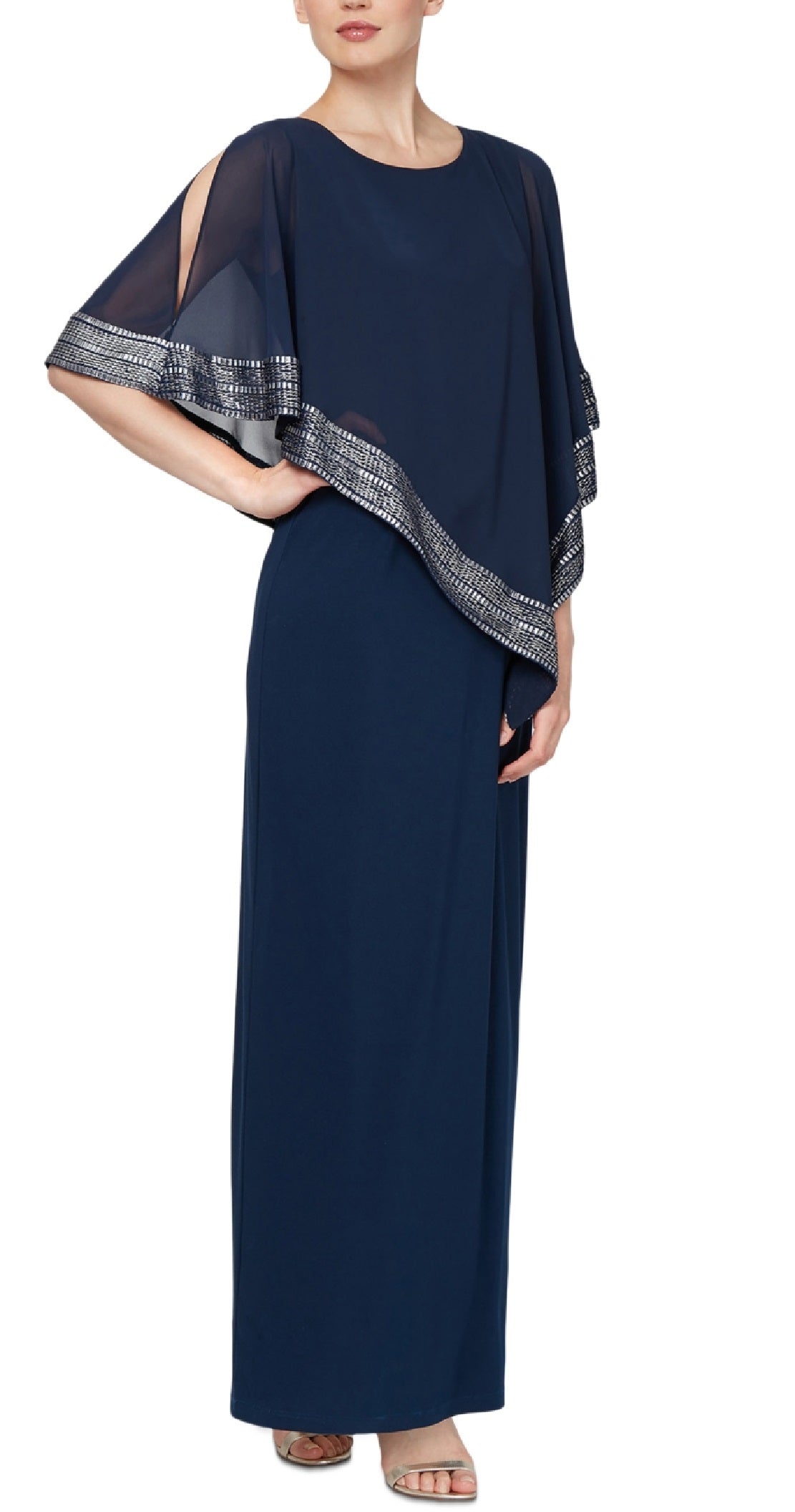 Vestido capelete assimétrico com acabamento em folha de alumínio SL Fashions, tamanho 8, azul