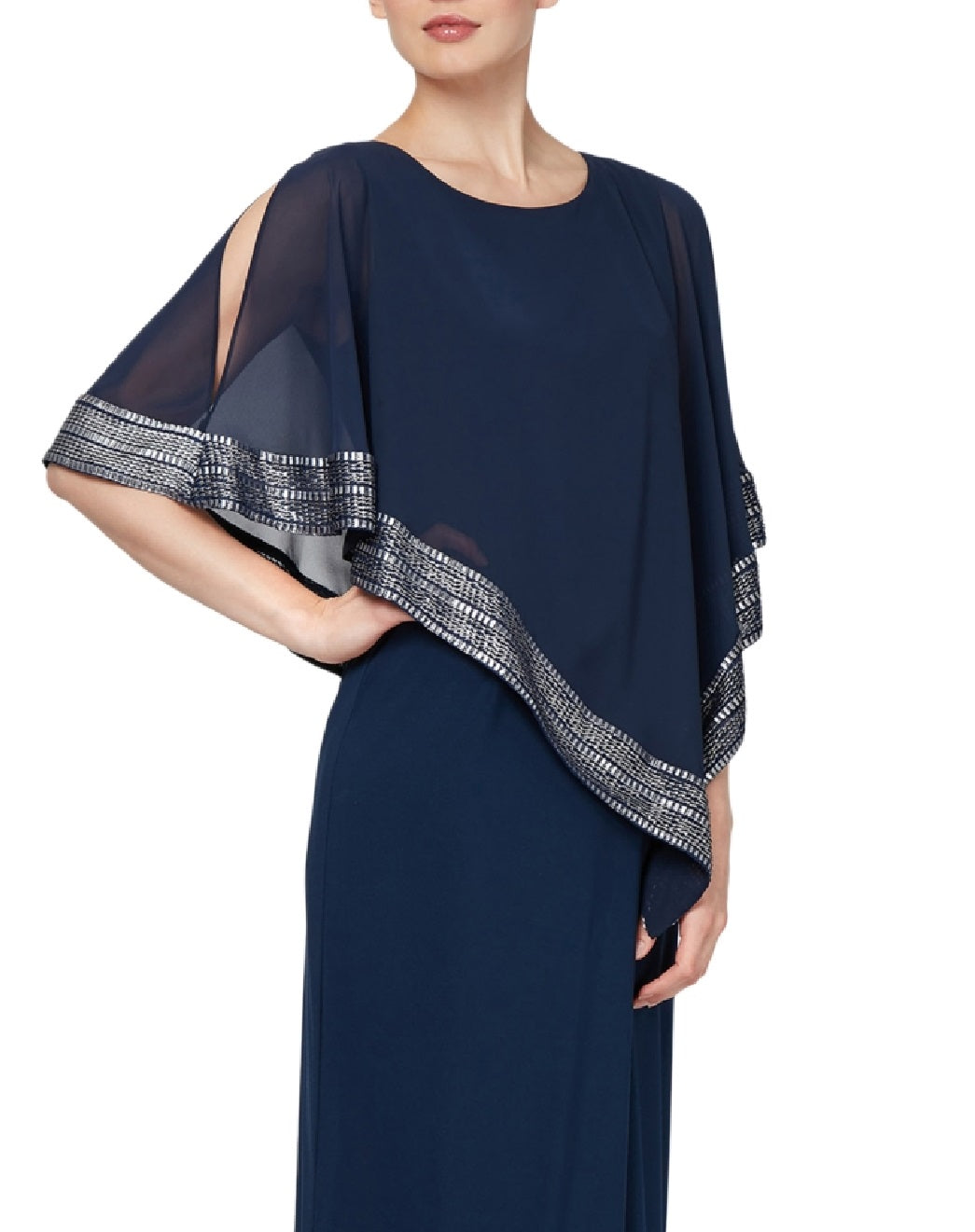Vestido capelete assimétrico com acabamento em folha de alumínio SL Fashions, tamanho 8, azul