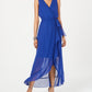 Vestido longo feminino SL Fashions com sobrepeliz alto e baixo, azul, tamanho 6