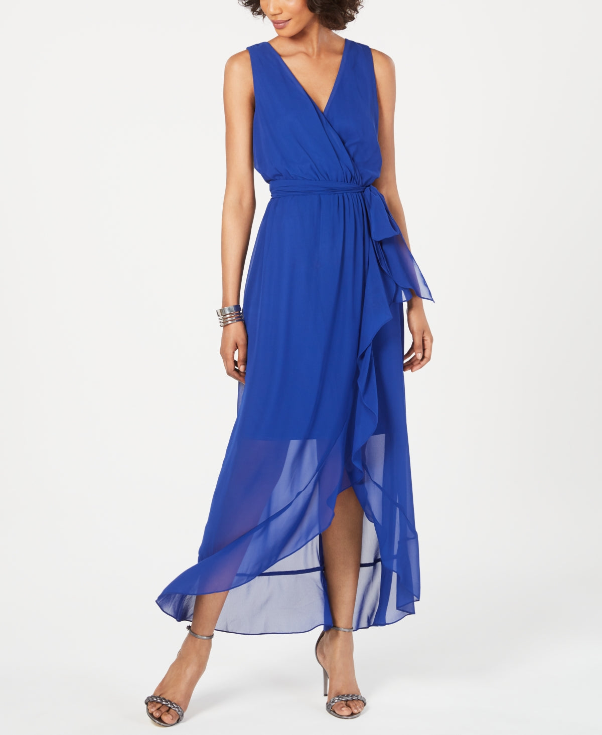 Vestido longo feminino SL Fashions com sobrepeliz alto e baixo, azul, tamanho 6