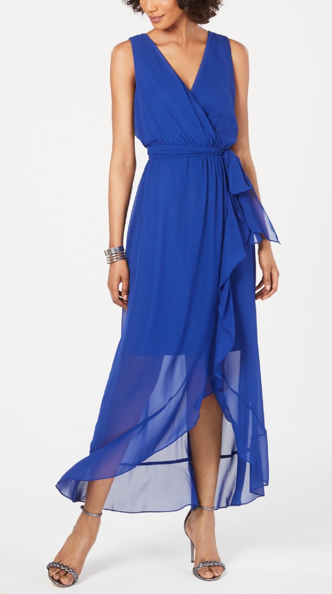 Vestido longo feminino SL Fashions com sobrepeliz alto e baixo, azul, tamanho 10