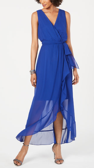 Vestido longo feminino SL Fashions com sobrepeliz alto e baixo, azul, tamanho 10