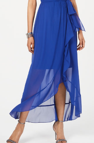 Vestido longo feminino SL Fashions com sobrepeliz alto e baixo, azul, tamanho 10