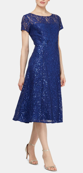 Vestido midi de renda com lantejoulas SL Fashions feminino, azul, tamanho 2