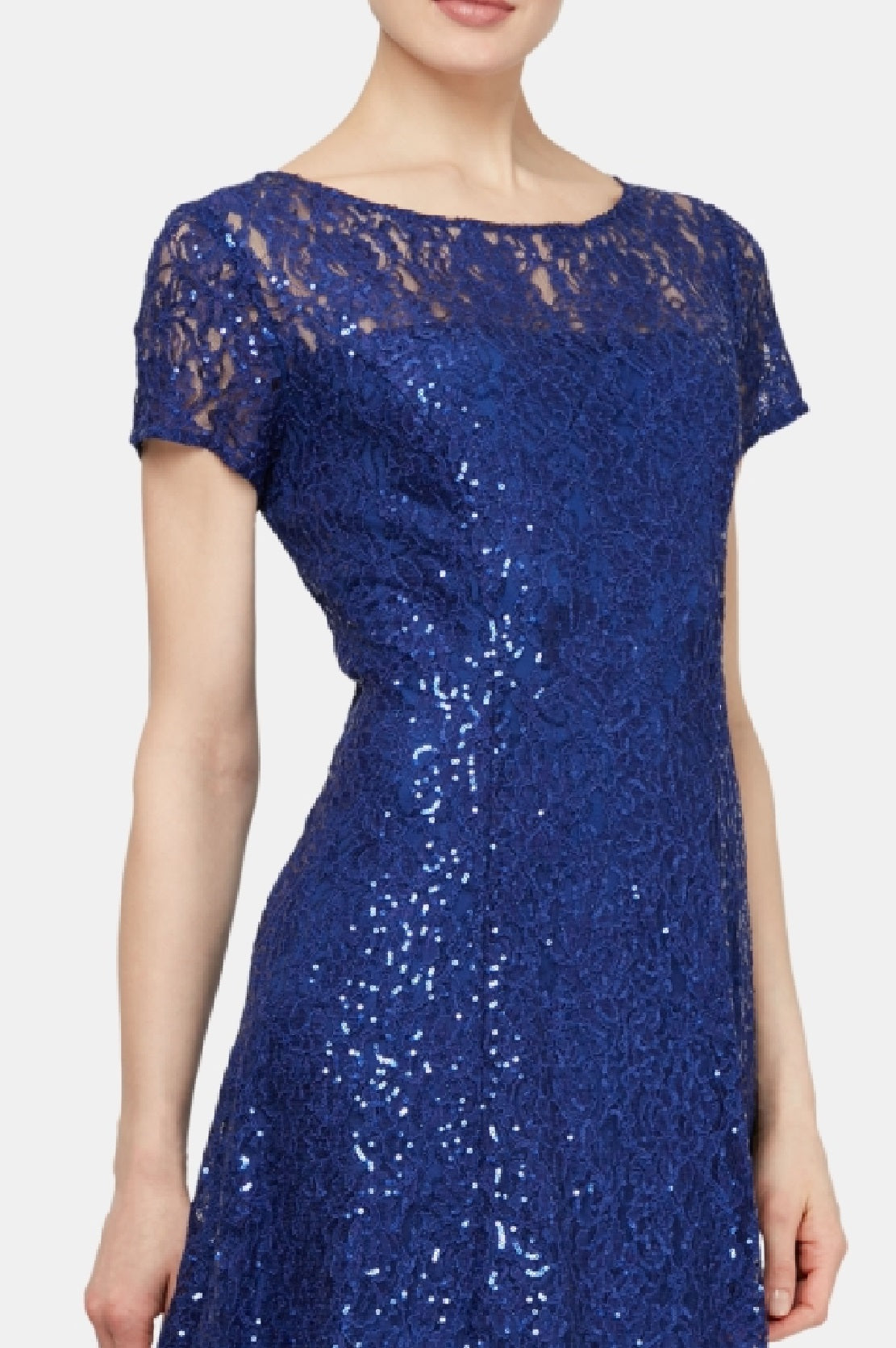 Vestido midi de renda com lantejoulas SL Fashions feminino, azul, tamanho 4