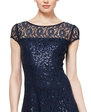 Vestido midi de renda com lantejoulas SL Fashions feminino, azul, tamanho 6