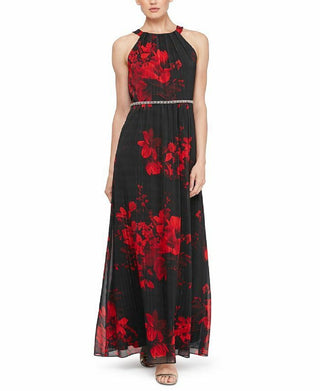 Vestido feminino com estampa floral e detalhes florais da SL Fashions, preto, tamanho 16