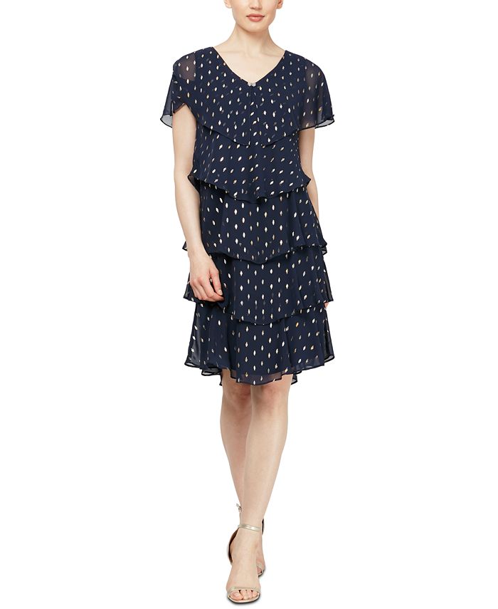 Vestido feminino de bolinhas em camadas SL Fashions, azul, tamanho 16