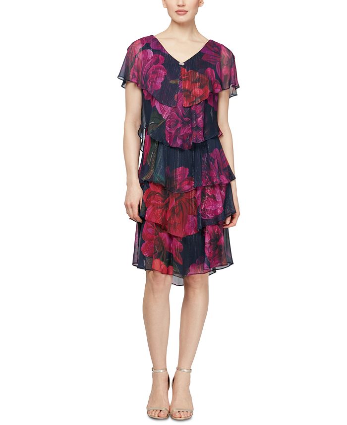 Vestido feminino SL Fashions com babados, decote canoa e mangas florais, comprimento até o joelho, rosa, tamanho 6, pequeno