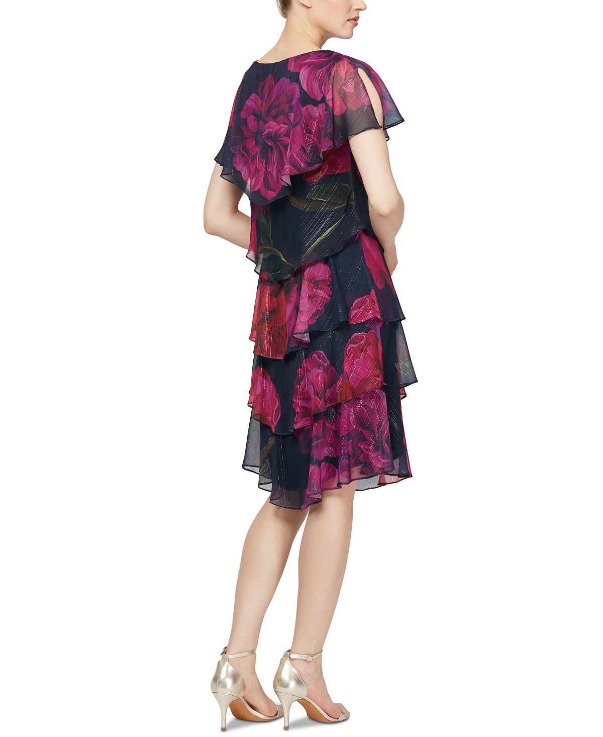 Vestido feminino SL Fashions com babados, decote canoa e mangas florais, comprimento até o joelho, rosa, tamanho 6, pequeno