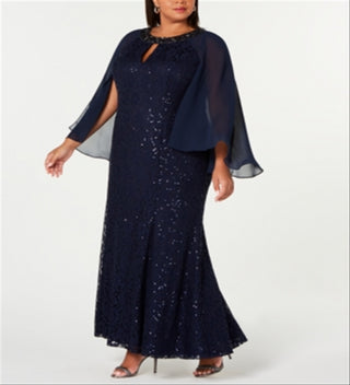 SL Fashions Women's Lace Capelet Gown Blue Size 18W