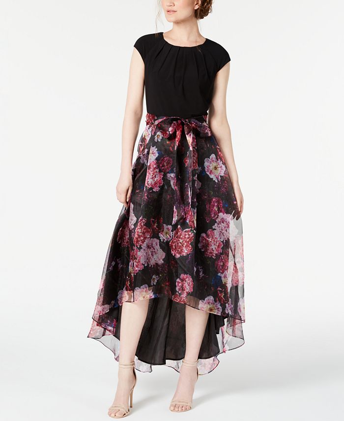 Vestido longo feminino SL Fashions com saia floral alta e baixa, preto, tamanho 4