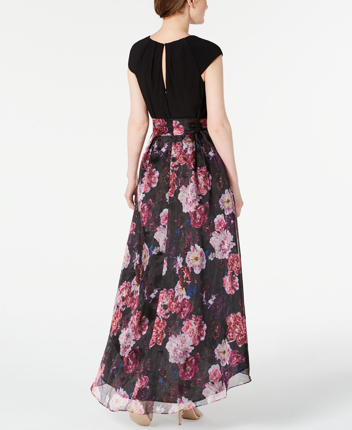 Vestido longo feminino SL Fashions com saia floral alta e baixa, preto, tamanho 4