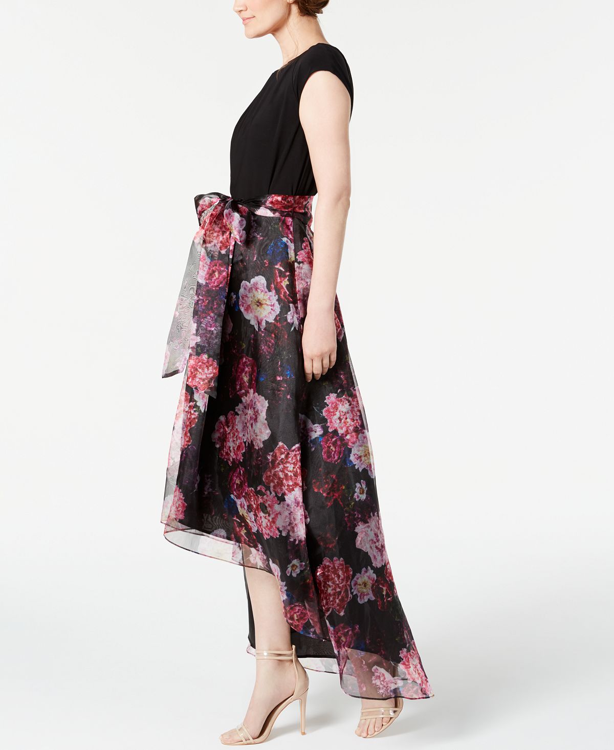Vestido longo feminino SL Fashions com saia floral alta e baixa, preto, tamanho 4