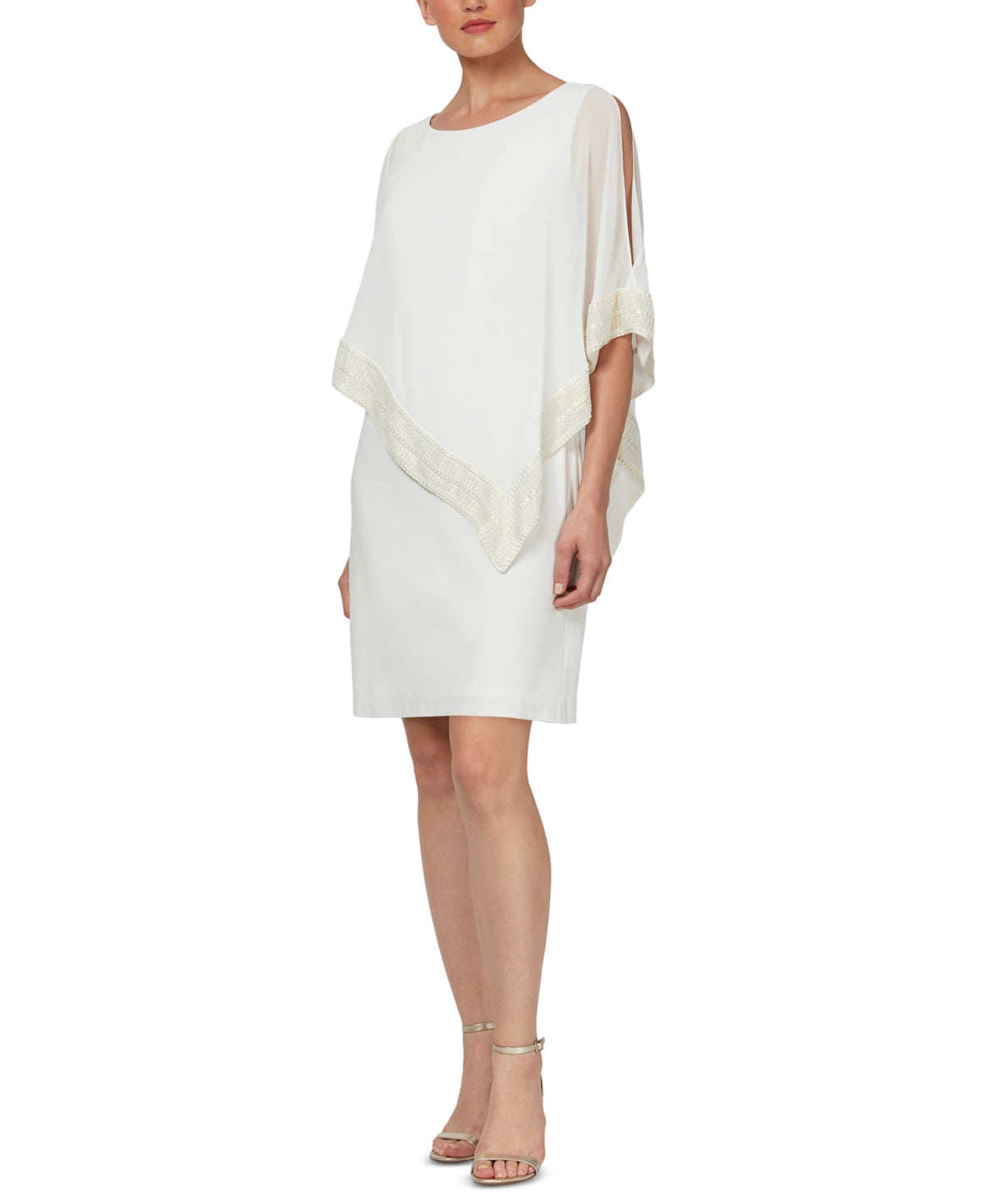Vestido tubinho assimétrico com acabamento em folha de alumínio SL Fashions, tamanho 6, branco
